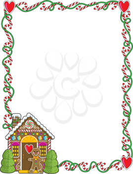 Royalty Free Clipart Image of a Christmas Border With Candy Canes and a Gingerbread House