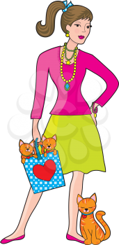 Royalty Free Clipart Image of a Woman With Cats and a Bag