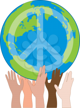 Royalty Free Clipart Image of a Globe With a Peace Sign Being Held By Hands of Different Ethnicity