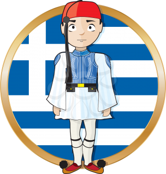 Royalty Free Clipart Image of a Greek Evzone Standing in Front of a Greek Flag