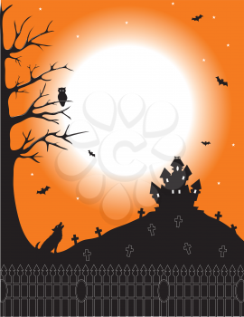 Royalty Free Clipart Image of a Haunted House on the Hill of a Cemetery