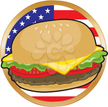 Royalty Free Clipart Image of a Cheeseburger in Front of an American Flag