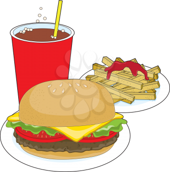Royalty Free Clipart Image of a Hamburger, Fries and Coke