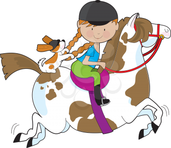 Royalty Free Clipart Image of a Girl Riding a Horse With a Dog
