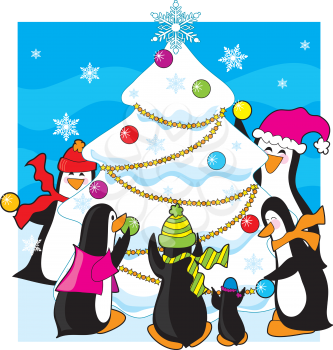 Royalty Free Clipart Image of a Family of Penguins Around a Tree