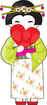 Royalty Free Clipart Image of a Japanese Woman With a Heart Fant