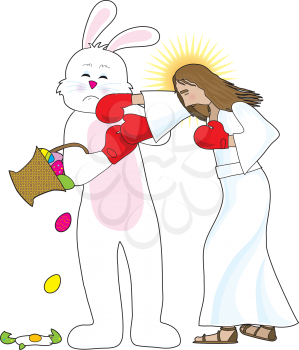 Royalty Free Clipart Image of Jesus Fighting With the Easter Bunny