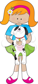 Royalty Free Clipart Image of a Little Girl Holding a Puppy
