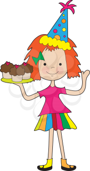 Royalty Free Clipart Image of a Little Girl With a Tray of Cupcakes and a Party Hat