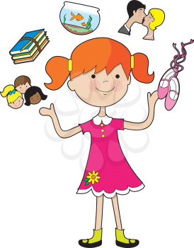Royalty Free Clipart Image of a Young Girl Juggling Items in Her Life