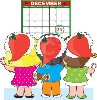 Royalty Free Clipart Image of Three Children in Front of a December Calendar