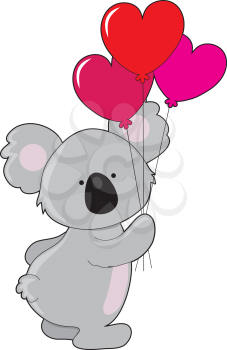 Royalty Free Clipart Image of a Koala Holding Three Heart Balloons