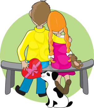 Royalty Free Clipart Image of a Boy and Girl on a Bench With a Dog Ready to Eat the Chocolates Behind the Boy's Back