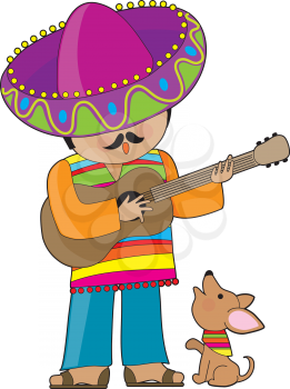 Royalty Free Clipart Image of a Mexican Man With a Guitar and a Dog