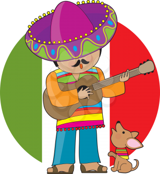 Royalty Free Clipart Image of a Mexican Man Playing Guitar and a Chihuahua