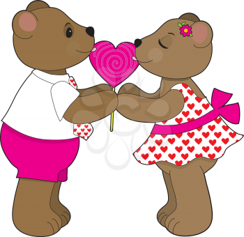 Royalty Free Clipart Image of a Teddy Bear Couple With a Heart Lollipop