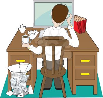 Royalty Free Clipart Image of a Back View of a Man at a Desk
