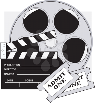 Royalty Free Clipart Image of a Clapper, Movie Reel and Tickets
