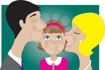 Royalty Free Clipart Image of a Mom and Dad Kissing Their Daughter