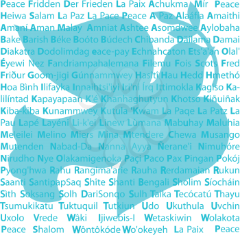 Royalty Free Clipart Image of Dove With an Olive Branch Over the Word Peace in Multiple Languages