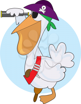 Royalty Free Clipart Image of a Pelican Pirate Looking Through a Telescope