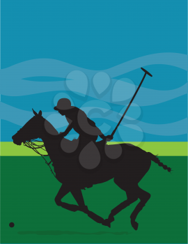 Royalty Free Clipart Image of a Silhouetted Polo Player and Horse