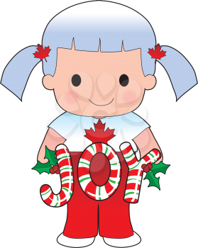 Royalty Free Clipart Image of a Little Canadian Girl With a Candy Cane Joy