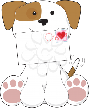 Royalty Free Clipart Image of a Puppy Holding an Envelope With a Heart Stamp