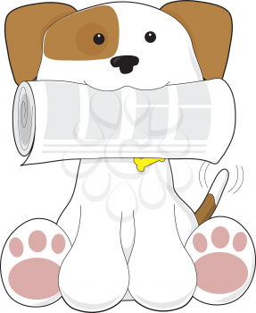 Royalty Free Clipart Image of a Puppy With a Newspaper in Its Mouth