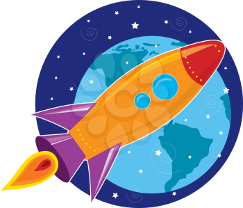 Royalty Free Clipart Image of a Rocket Flying Through Space