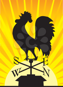 Royalty Free Clipart Image of a Silhouette of a Rooster on a Weather Vane