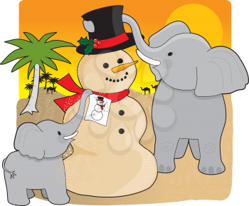 Royalty Free Clipart Image of a Snowman With Elephants in a Tropical Climate
