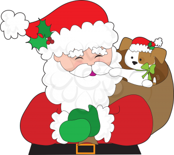 Royalty Free Clipart Image of Santa With a Puppy in His Bag