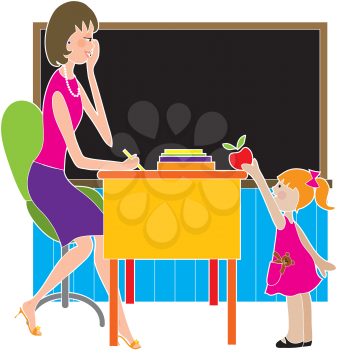 Royalty Free Clipart Image of a Child Giving Her Teacher an Apple