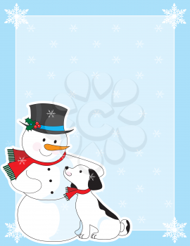 Royalty Free Clipart Image of a Dog and a Snowman With a Frame