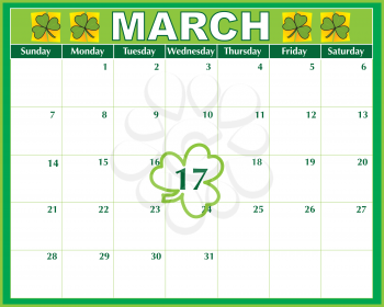 Royalty Free Clipart Image of a March Calendar Showing Saint Patrick's Day