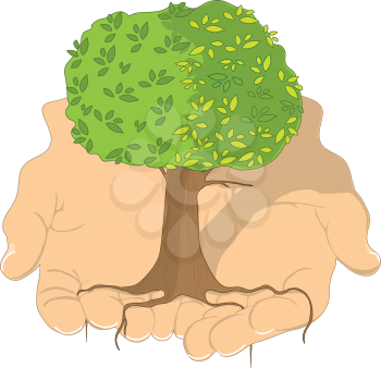Royalty Free Clipart Image of a Tree in a Man's Hands