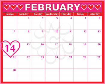 Royalty Free Clipart Image of a February Calendar Showing the 14th