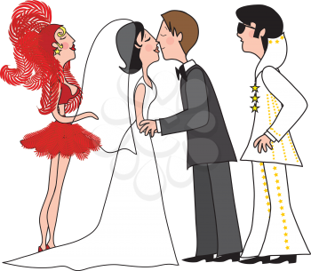 Royalty Free Clipart Image of a Bride and Groom With an Elvis Impersonator and a Vegas Showgirl