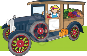 Royalty Free Clipart Image of a Young Woman Driving a Truck Full of Vegetables