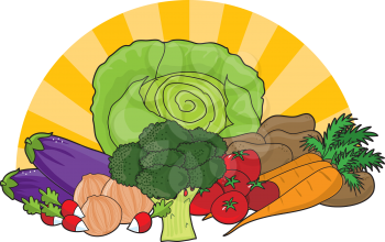Royalty Free Clipart Image of an Assortment of Vegetables With a Sun Ray
