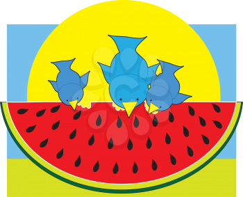 Royalty Free Clipart Image of Three Bluebirds Sitting on a Watermelon