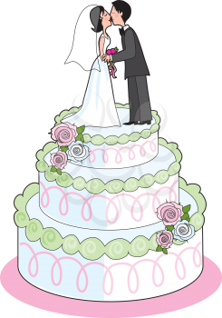 Royalty Free Clipart Image of a Couple Kissing on a Wedding Cake