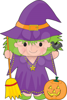 Royalty Free Clipart Image of a Little Witch With a Broom and Pumpkin