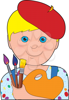 Young blonde, blue-eyed boy with red beret, holding pallet with brushes.
