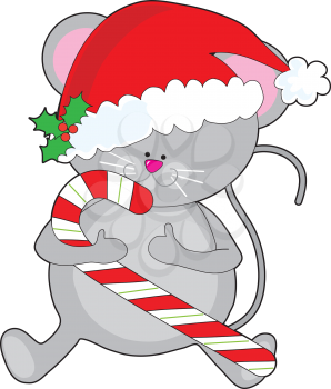 A cute, smiling mouse is holding a candy cane, and wearing a Santa hat adorned with a sprig of holly.