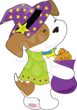 A cute puppy is carrying a bag full of Halloween candy corn and is dressed like a wizard or witch