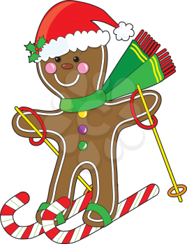 A cute gingerbread man is skiing on candy canes and wearing a Santa hat