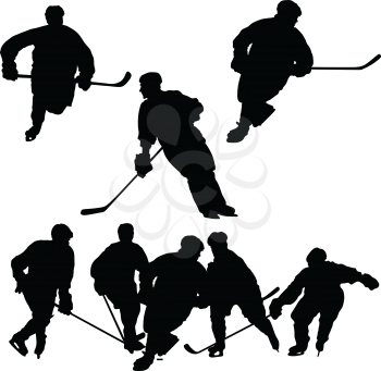 A set of hockey silhouettes featuring single players and a group