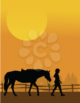 A silhouette of a child leading her horse against and sunset background